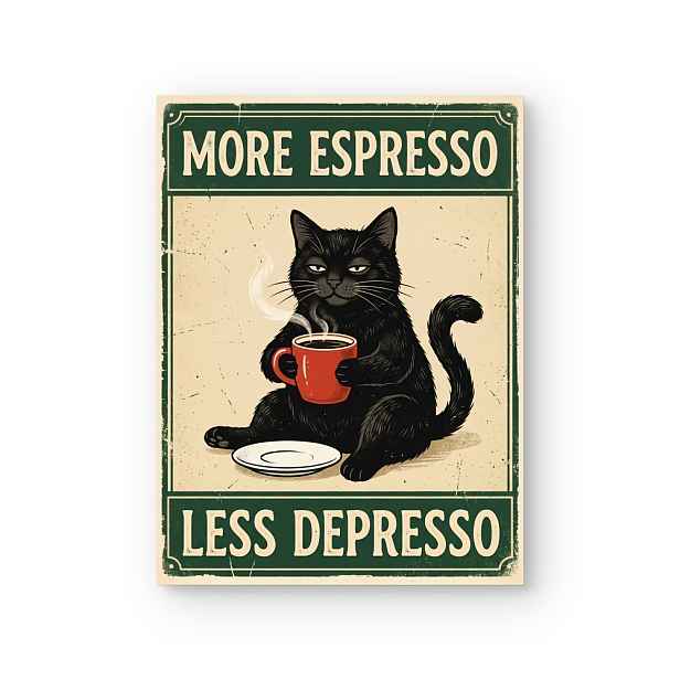 TEMU 2D plochý, 2D plochý, 1 ks Vtipný obraz na plátně s černou kočkou a kávou, bez rámu "Více Espresso Méně Depreso" Retro plakát, roztomilý