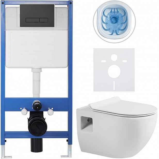 Kompletní WC set Profi/Dure - bílá lesklá - WC tlačítko Slim/Černá matná - předstěnová instalace - 51x35 cm