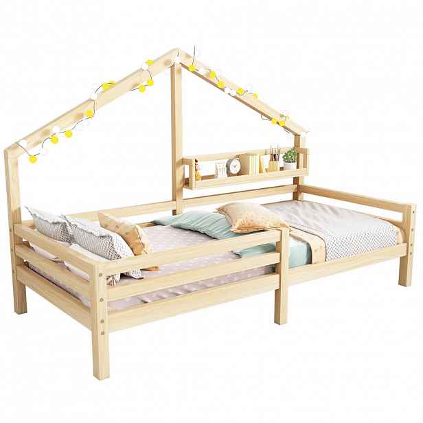 OKWISH DĚTSKÁ postel 90/200 cm přírodní z borovice s policí a bezpečnostním zábradlím