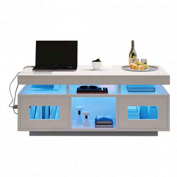 OKWISH KONFERENČNÍ stolek 100/50/43 cm bílý z dřevotřískové desky s LED osvětlením a USB nabíjením