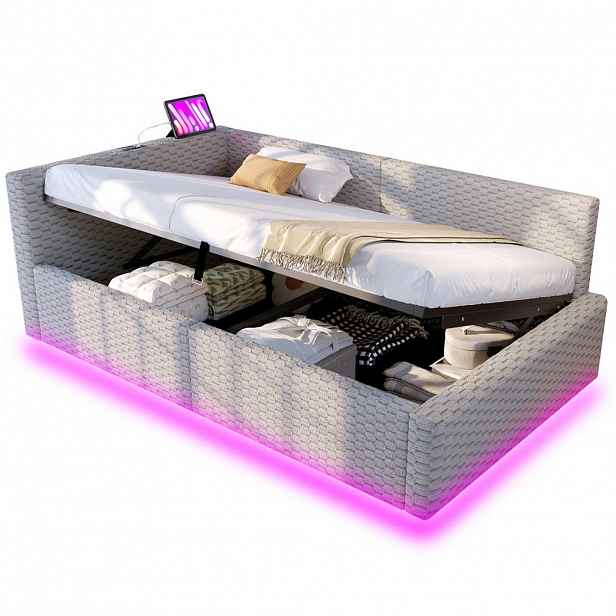 OKWISH ČALOUNĚNÁ postel 90/200 cm šedá ze sametu s LED osvětlením a úložným prostorem