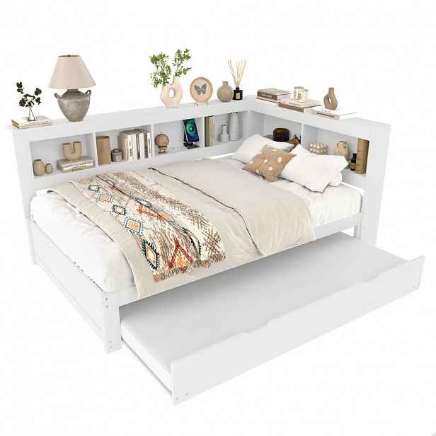 CHICFURN ROZKLÁDACÍ POHOVKA 140/200 cm a 90/190 cm v bílé barvě se zásuvkami a USB