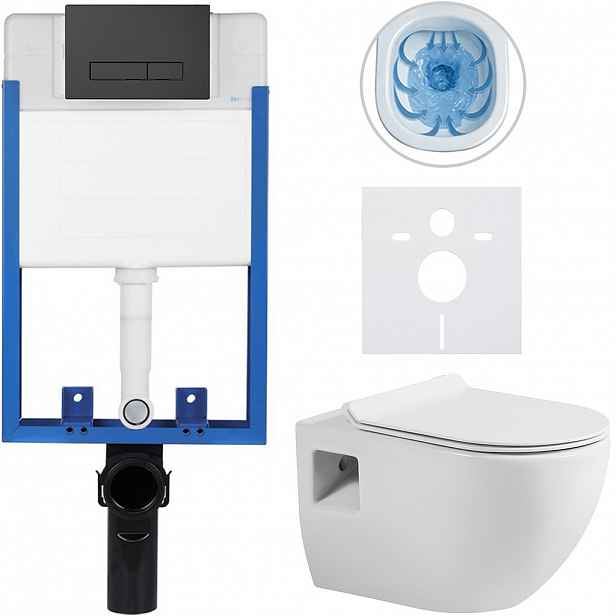 Kompletní WC set Profi/Dure - bílá lesklá - WC tlačítko Slim/Černá matná - pro zazdění - 51x35 cm