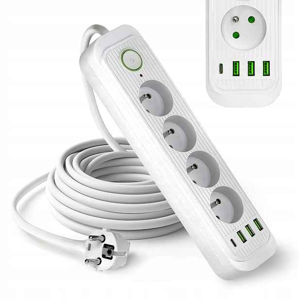 Prodlužovací Kabel 4 zásuvky 5 m Zásuvková Lišta bílý 4x Usb S Vypínačem