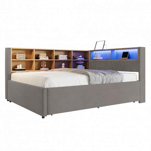 CHICFURN ROZKLÁDACÍ POHOVKA 140/200 cm & 90/190 cm v tmavě šedé barvě s výsuvným lůžkem, LED, USB-C a policemi