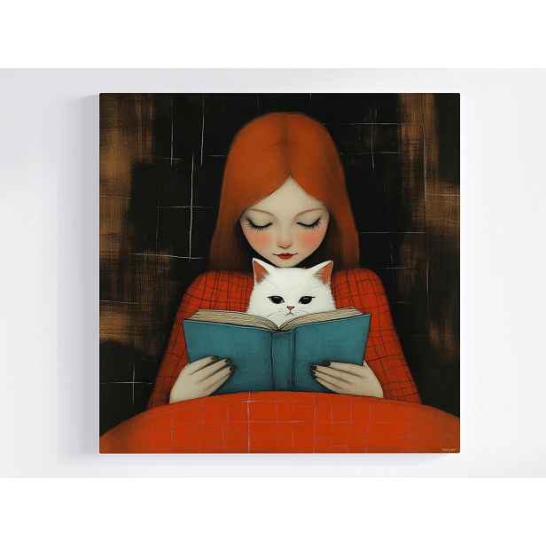 Obraz Na Plátně Canvas Rudá Dívka Kočka Kniha Čtení Přátelství 50x50