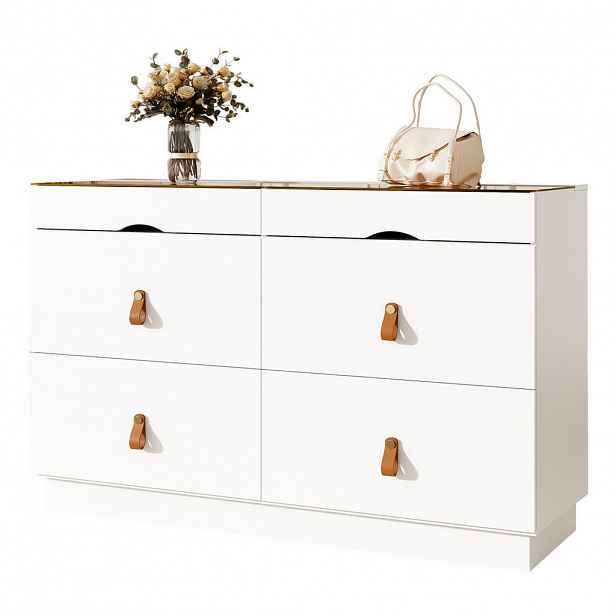 OKWISH KOMODA 120/40/78 cm bílá z MDF a skla se 6 zásuvkami a zrcadlově hladkým skleněným víkem