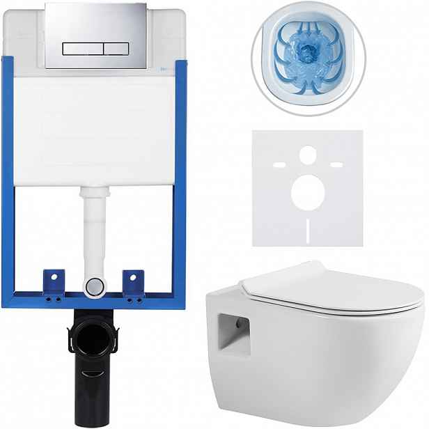 Kompletní WC set Profi/Dure - bílá lesklá - WC tlačítko Slim/Chrom - pro zazdění - 51x35 cm
