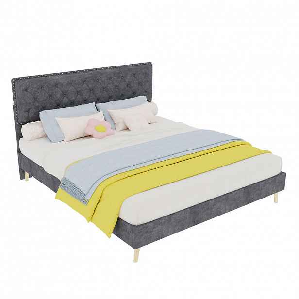 OKWISH ČALOUNĚNÁ postel 160/200 cm šedá z látky a kovu s vysokým čelem a úložným prostorem