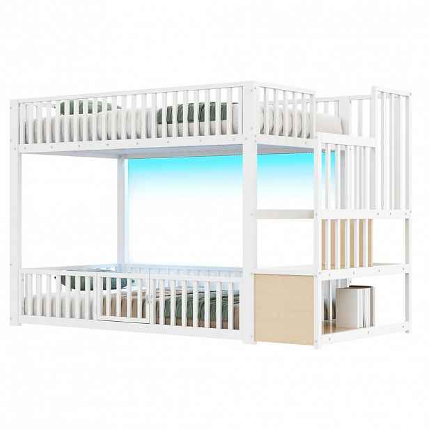 OKWISH PATROVÁ postel 90/200 cm bílá z MDF a kovu s LED a úložným schodištěm