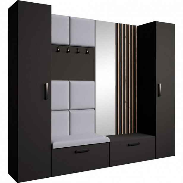 Beautysofa PŘEDSÍŇOVÁ sestava Margaret XL 242/203/43 s čalouněnými panely / lamelami / zrcadlem, černá