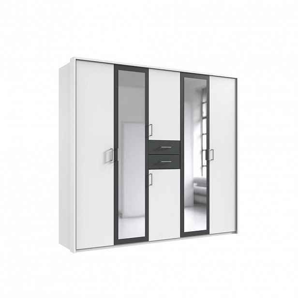 luma-home SKŘÍŇ S OTOČNÝMI DVEŘMI, 228 × 58 × 210 cm (Š×H×V), pasparta, zásuvky, 2 zrcadlové dveře, bílá/grafitová / 22598