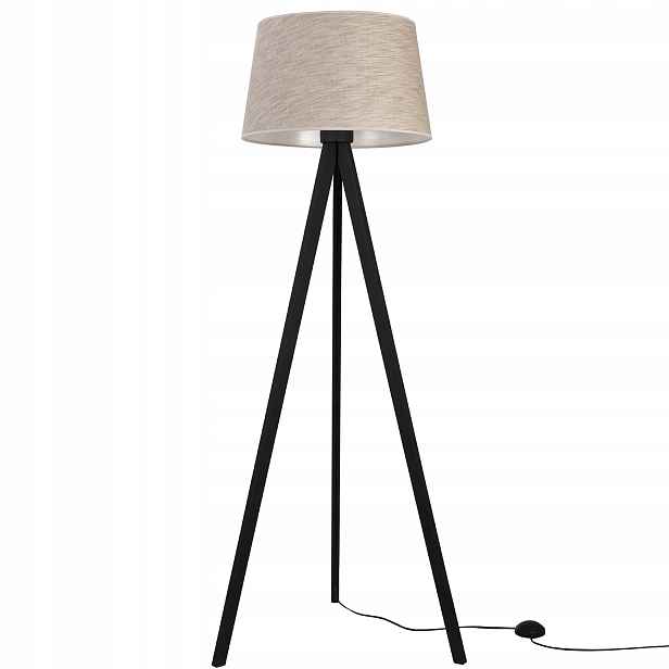 Stojací lampa na podlahu černá trojnožka s béžovým boho stínítkem do ložnice