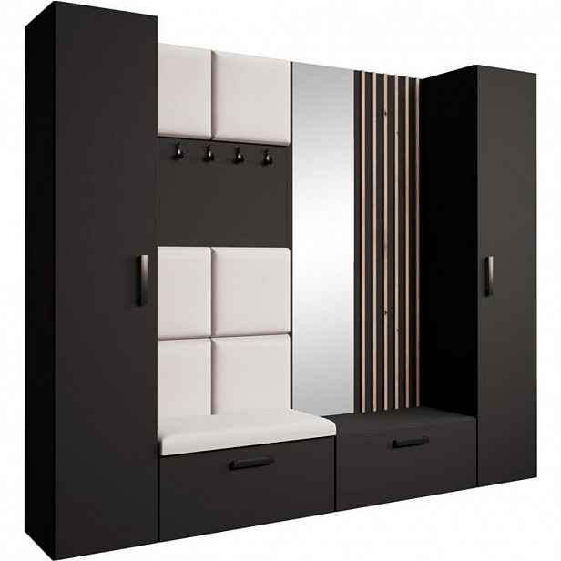 Beautysofa PŘEDSÍŇOVÁ sestava Margaret XL 242/203/43 s čalouněnými panely / lamelami / zrcadlem, černá