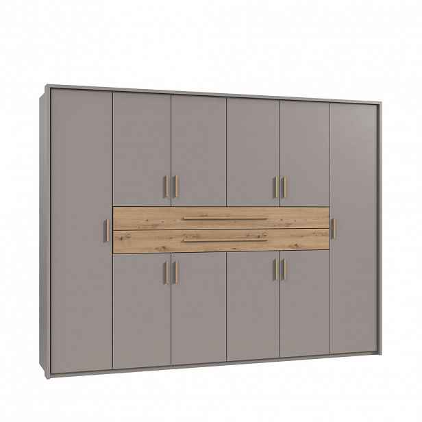 luma-home SKŘÍŇ S OTOČNÝMI DVEŘMI B273/H210/T58 cm, pískově šedá, šatní skříň se 2 velkými zásuvkami a úchytkami v dekoru dub Artisan / 22644