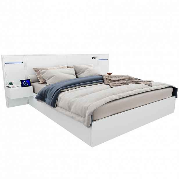OKWISH DVOULŮŽKOVÁ postel 160/200 cm bílá z MDF s USB, Bluetooth a LED osvětlením