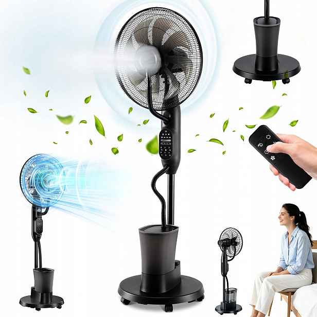 Stojací Ventilátor S Mlhovou Funkcí 2,8L S 5 Kolečky 9 Rychlostí Dálkový Ovladač 75W Černý