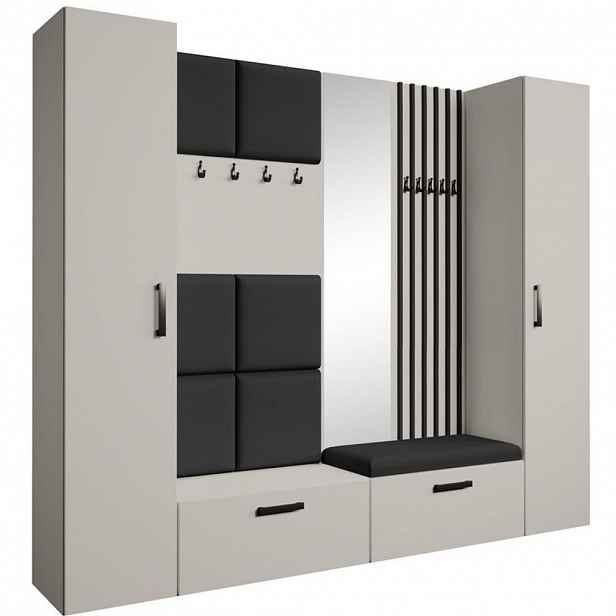 Beautysofa PŘEDSÍŇOVÁ sestava Margaret XL 242/203/43 s čalouněnými panely / lamelami / zrcadlem, kašmírová|černá