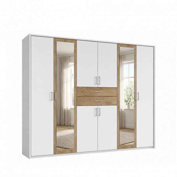 luma-home SKŘÍŇ S OTOČNÝMI DVEŘMI, 273 × 58 × 210 cm (Š×H×V), pasparta, zásuvky, 2 zrcadlové dveře, bílá/dekor dubu / 22602
