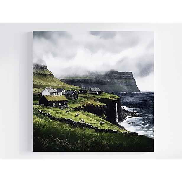 Obraz Na Plátně Canvas Krajina Ovčí Ostrovy Osada Domy Vodopád Hory 50x50
