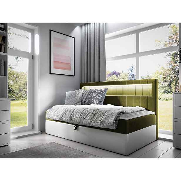 Boxspringová jednolůžková postel 100x200 RAMIRA 2 - bílá ekokůže / khaki + topper ZDARMA