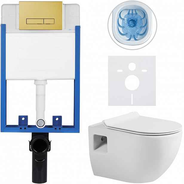 Kompletní WC set Profi/Dure - bílá lesklá - WC tlačítko Slim/Zlatá - pro zazdění - 51x35 cm