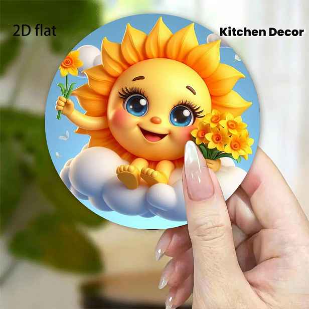 TEMU Magnet na lednici ve tvaru slunečnice z akrylátu 3,15in x 3,15in, roztomilá kreslená postavička slunce s designem sedmikrásek, mraků a motýlů,