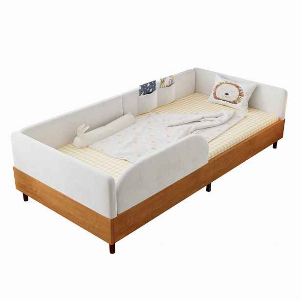 OKWISH ČALOUNĚNÁ postel 90x200 cm bílá z sametu a dřeva se 2 kapsami a ochranným rámem