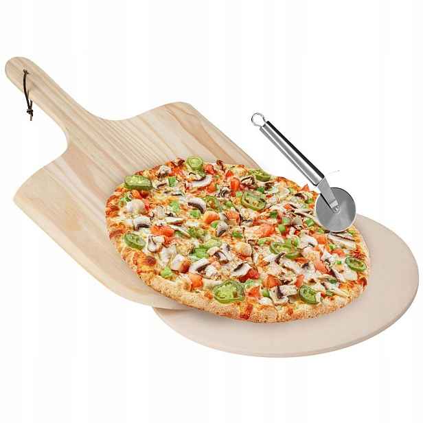Šamotový kámen na pizzu s lopatou a nožem, 3 díly