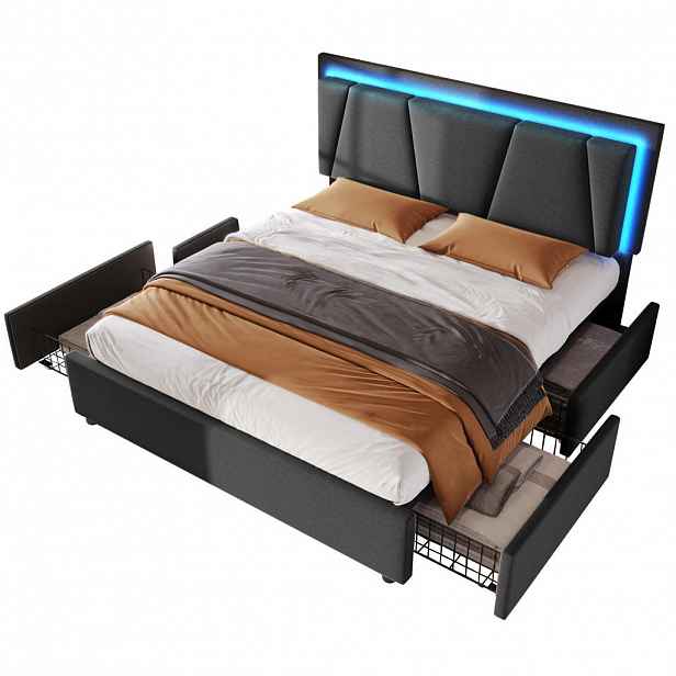 OKWISH ČALOUNĚNÁ postel 160/200 cm šedá z dřeva s LED osvětlením, nastavitelným čelem a 4 zásuvkami