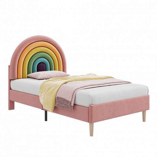 OKWISH ČALOUNĚNÁ postel 90/200 cm růžová ze sametu s nastavitelným čelem a lamelovým roštem