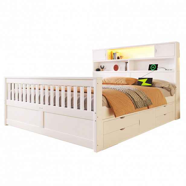 CHICFURN POSTELOVÝ RÁM 160/200 cm v bílé barvě se 4 zásuvkami, LED osvětlením a policemi