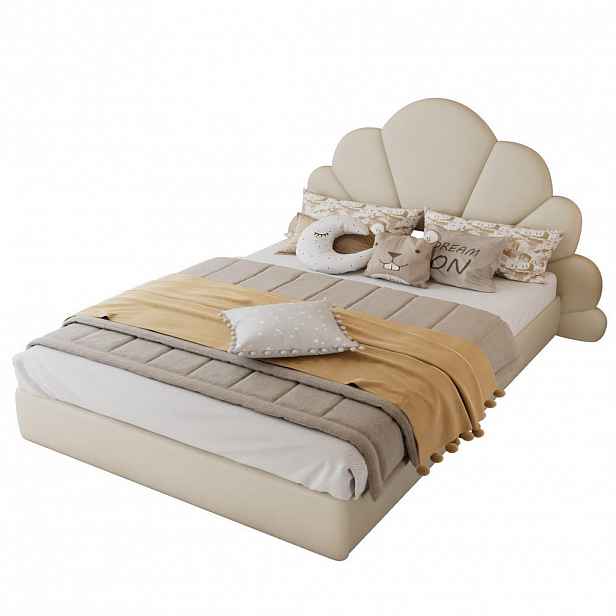 OKWISH ČALOUNĚNÁ postel 140/200 cm béžová z sametu s květinovým čelem a protiskluzovou konstrukcí