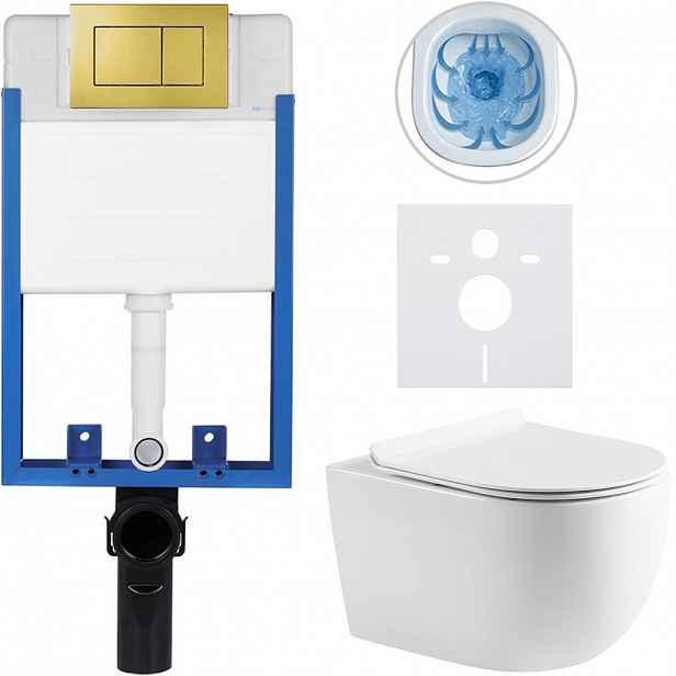 Kompletní WC set Profi/Felci - bílá lesklá - WC tlačítko Classic/Zlatá - pro zazdění - 52,5x36 cm