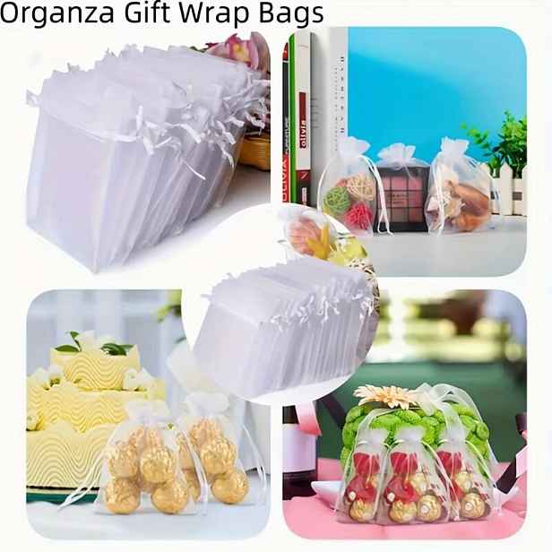 TEMU Dárek pro Ni/Něj Balení 100 ks Vhodné pro Svatbu, Baby Shower & Rozlučku se Svobodou - Elegantní Průsvitné Tenké Organzové Dárkové Sáčky se