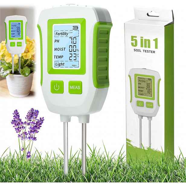 Měřič Ph Půdy Tester Vlhkosti Kyselinoměr 5V1 Zahradnický Pro Rostliny Lux