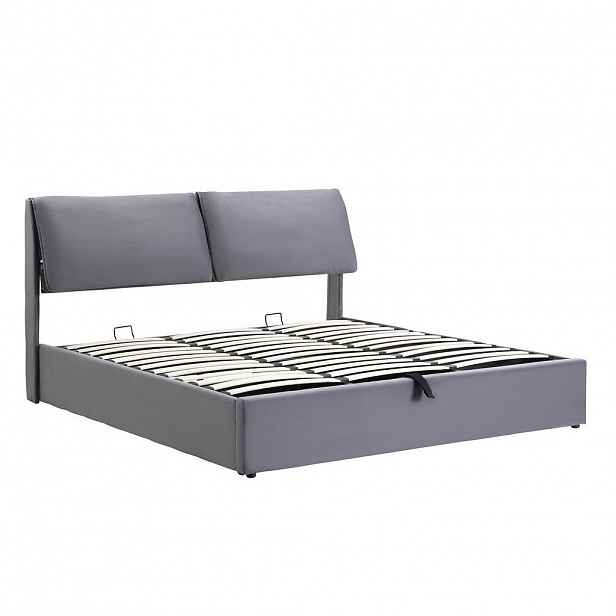 OKWISH ČALOUNĚNÁ postel 180/200 cm šedá ze sametu s hydraulickým úložným prostorem a třemi zásuvkami
