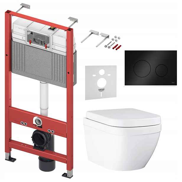 7v1 Sada Wc, Stelaz Tece Wc Mísa Grohe Euro Ceramic Tlačítko Černé