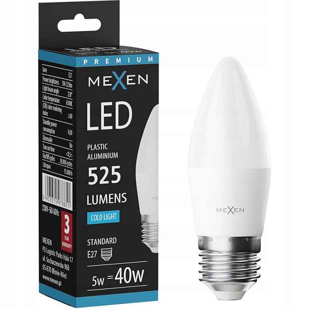 Mexen Nova Led Žárovka E27 C37 5W Studená Bílá 6500K 525 LM