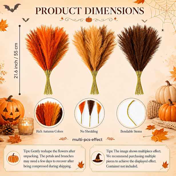 TEMU 18 ks 21,6 palců Umělá tráva Pampas, oranžovo-hnědé žluté umělé podzimní stonky trávy pro halloweenskou a díkůvzdání domácí dekoraci stolu