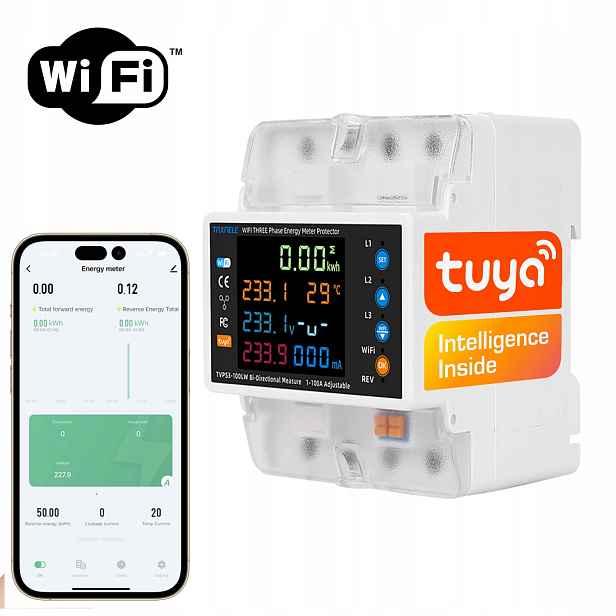 Měřič proudu 3-fázový 2-směrný Pv relé 100A LCD WiFi Tuya