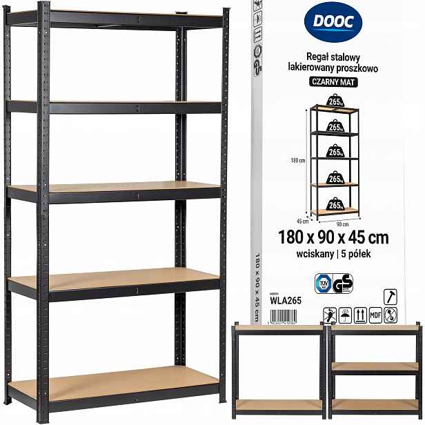 Skladový Regál Kovový Certifikát 5x265kg Černý 180X90X45 3v1