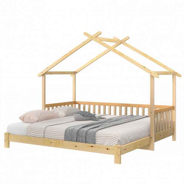 CHICFURN DĚTSKÁ POSTEL 90/200 cm & 180/200 cm v přírodní barvě výsuvná s rámem domečku a zábradlím