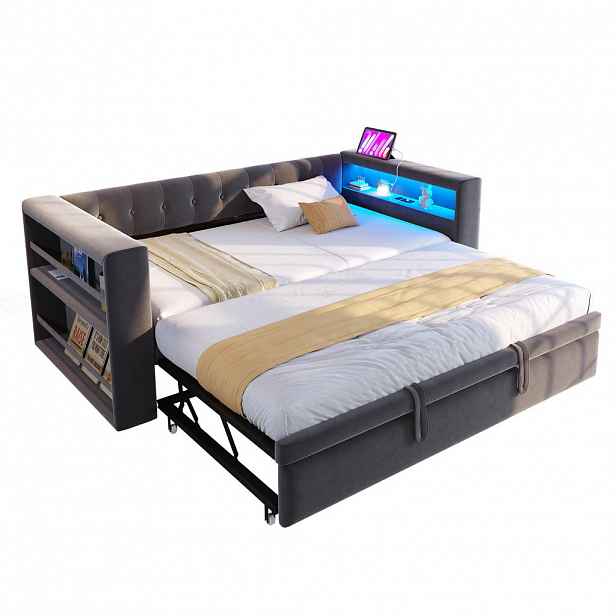 CHICFURN ROZKLÁDACÍ POHOVKA 90/180/190 cm v tmavě šedé barvě s LED osvětlením a úložnými přihrádkami