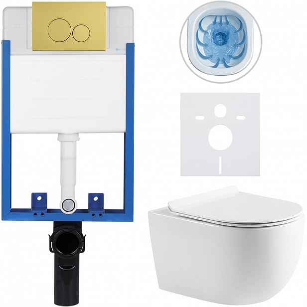 Kompletní WC set Profi/Felci - bílá lesklá - WC tlačítko Duo/Zlatá - pro zazdění - 52,5x36 cm