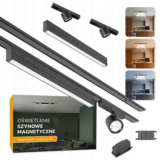 Magnetické kolejnicové osvětlení 2x Kolejnice 1m+20W a 2x7W L černé 5 let gwa