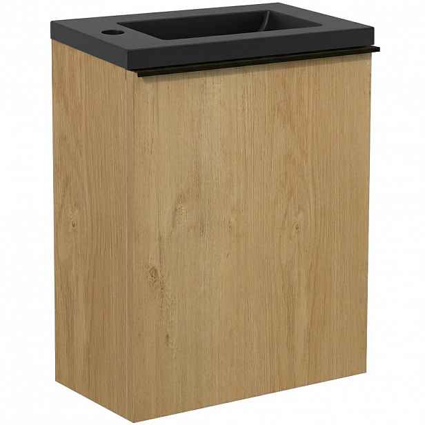 Umyvadlová skříňka pro WC Zola - dub medový + umyvadlo z lit. mramoru - černá matná - 40x55x23,5 cm