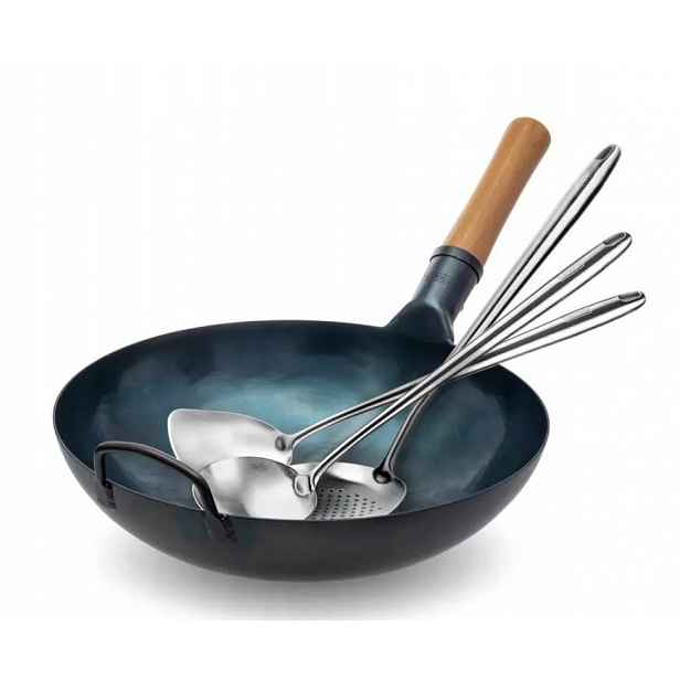 Yosukata Wok Modrý 34 cm Sada Špachtle Naběračka Cedník Indukce Plyn