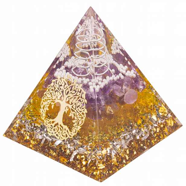 Pyramida Z Pryskyřice Orgonit Křišťál Citron Ametyst Dřevo Života Harmonie 6 cm