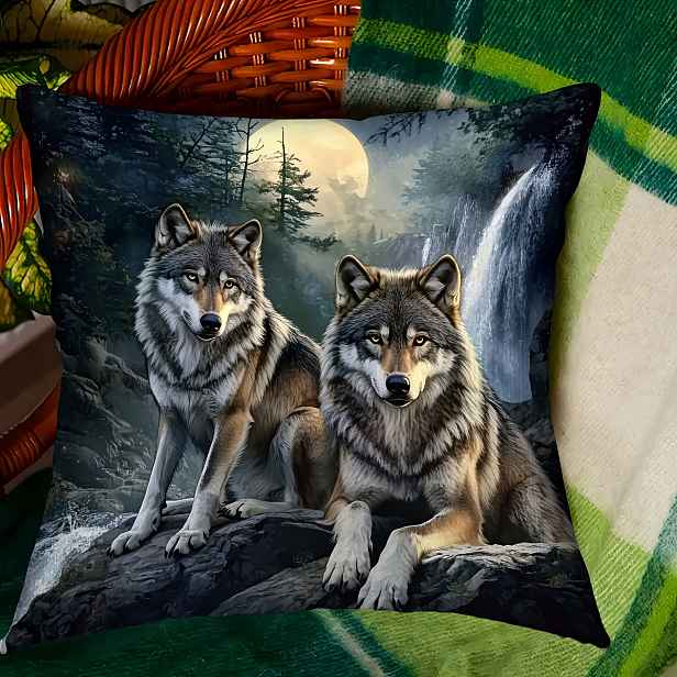 TEMU Plyšová povlak na polštář Wolf Moonlight Forest s uzavíráním na zip, jednostranným potiskem, krátkou plyšovou látkou, lze prát v pračce, je